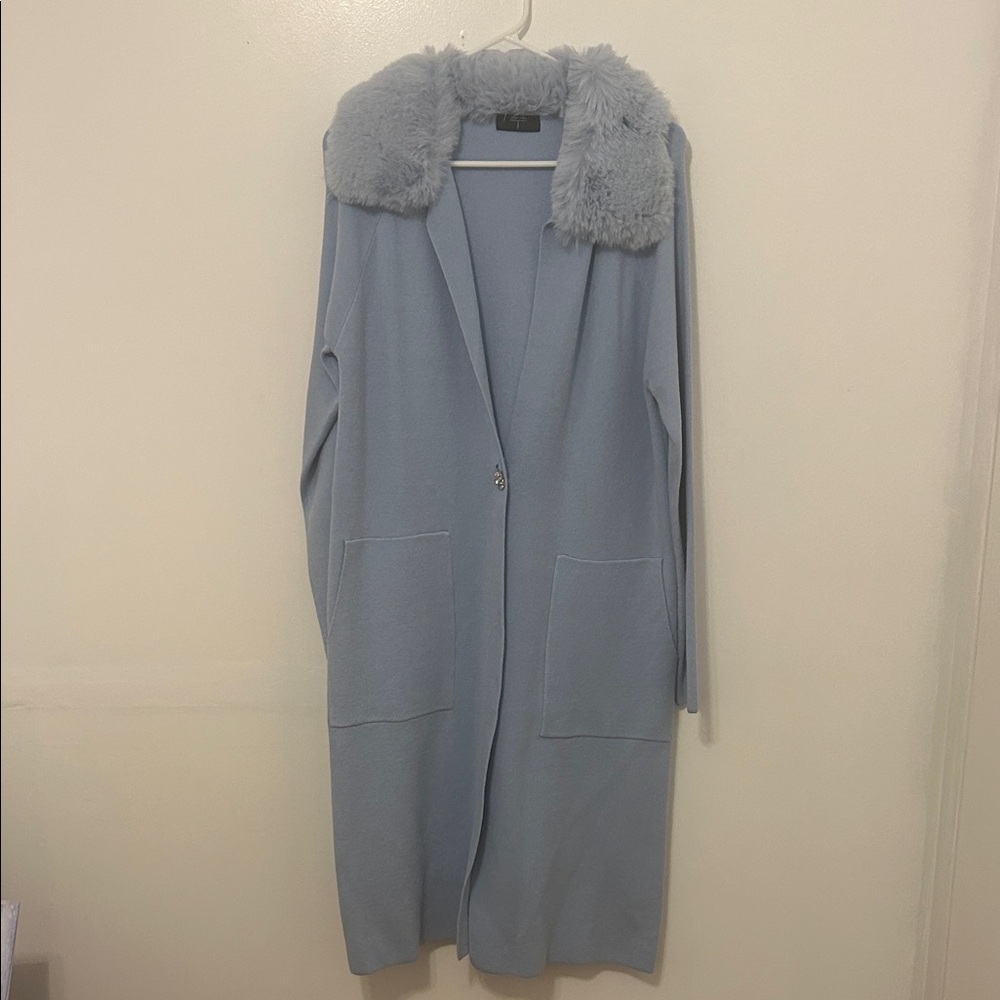 Tahari Light Blue Cardigan with Faux Fur Collar